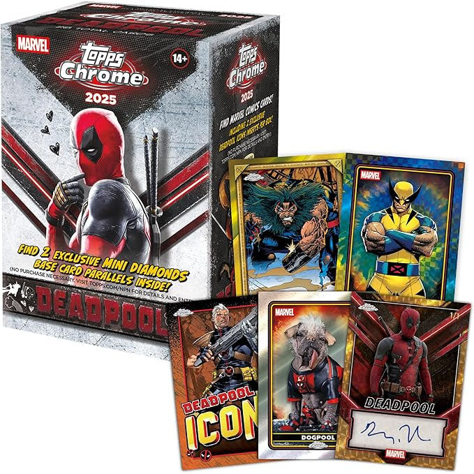 The Topps Chrome Deadpool 2025 Value Box by Topps features Deadpool holding swords on a red and black box with the Marvel samlekort logo, and highlights exclusive Deadpool & Wolverine cards plus mini diamond parallels inside.