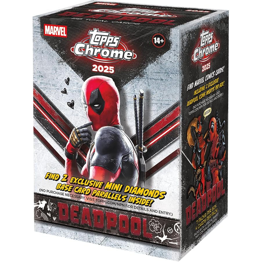 The Topps Chrome Deadpool 2025 Value Box by Topps features Deadpool holding swords on a red and black box with the Marvel samlekort logo, and highlights exclusive Deadpool & Wolverine cards plus mini diamond parallels inside.