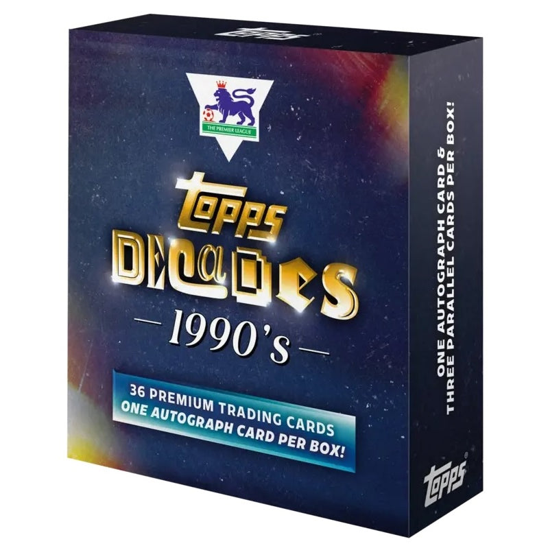 A Topps Premier League Decades 1990′s Hobby Box, from Topps, featuring a blue box with gold lettering and the Premier League logo. The packaging highlights that there are 36 premium cards per box, including one autograph card.