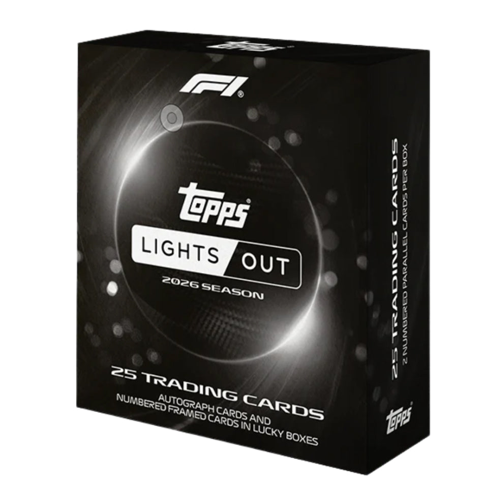 A Topps Formula 1 Lights Out Hobby Box for the 2026 season in black, featuring 25 trading cards per box with the chance to find autograph and numbered framed cards in select boxes.
