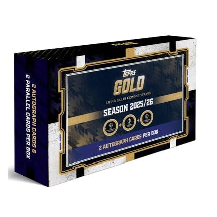 The Topps Gold Uefa Club Competitions 2025/26 Hobby Box by Topps features a blue, gold, and black design with “2 autograph cards per box” displayed on the front.