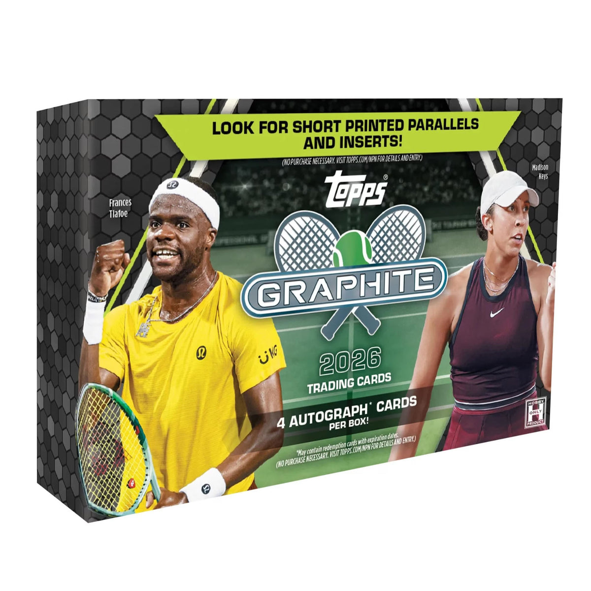 2026 Topps Graphite Hobby Box tennis trading card box from Topps, featuring images of two tennis players with racquets and showcasing promotional text highlighting parallels, inserts, and autographed cards.