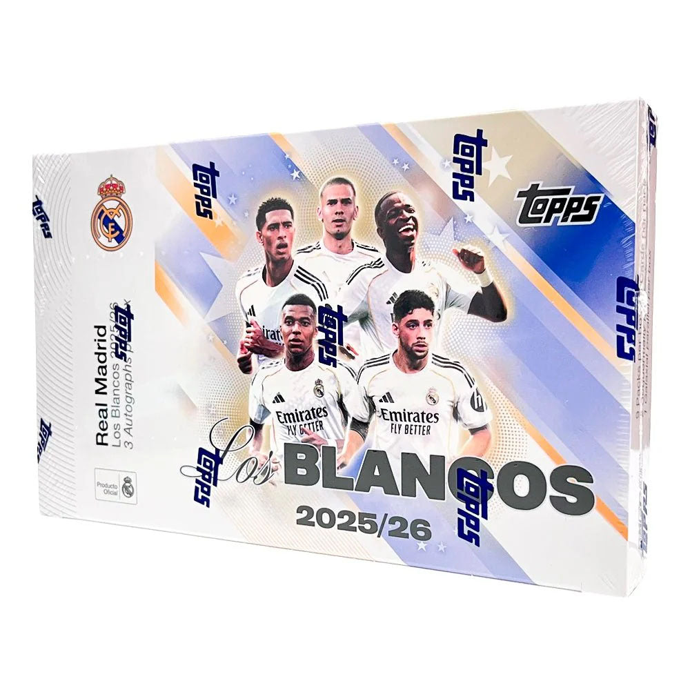 The Topps Real Madrid Los Blancos 2025/26 Hobby Box features five players in white kits, club and Topps logos, and "Los Blancos 2025/26" text on a white and blue background.