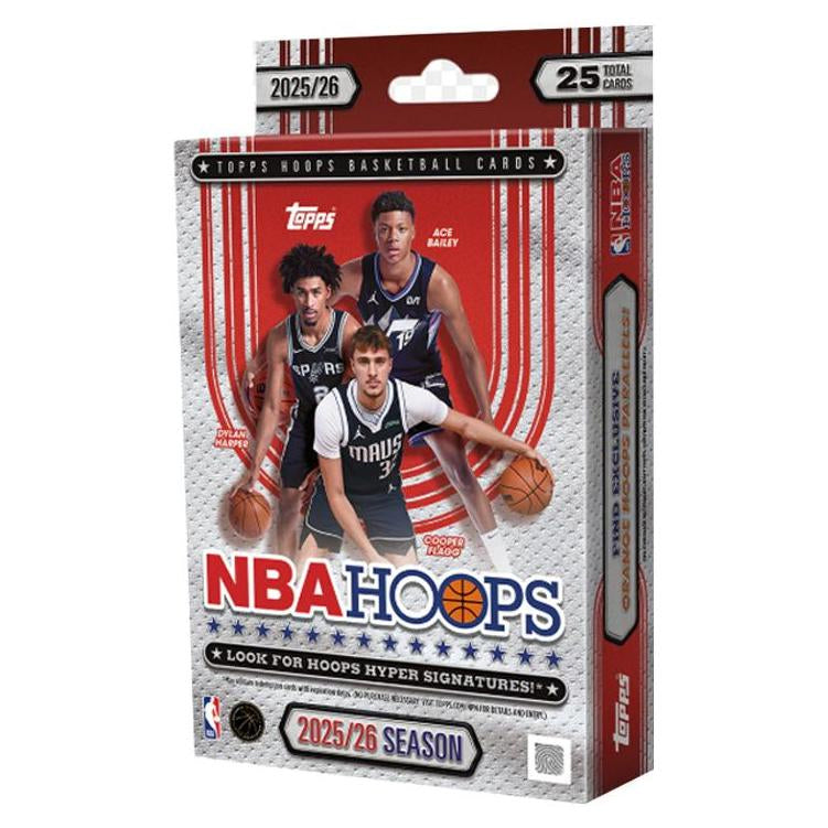 A Topps NBA Hoops 2025/26 Hanger Box, displaying three basketball players in action on the front along with prominent Topps branding, season details, and a note of 25 total cards.