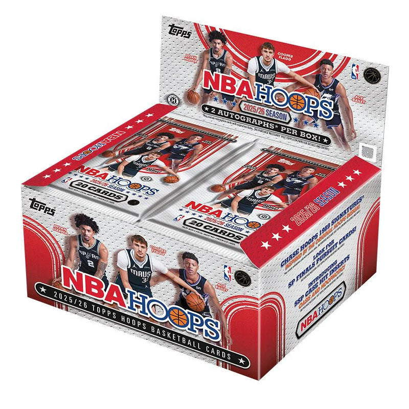 The Topps NBA Hoops 2025/26 Jumbo Box features basketball player images on the packaging and highlights 2 autographs per box and a total of 120 cards.