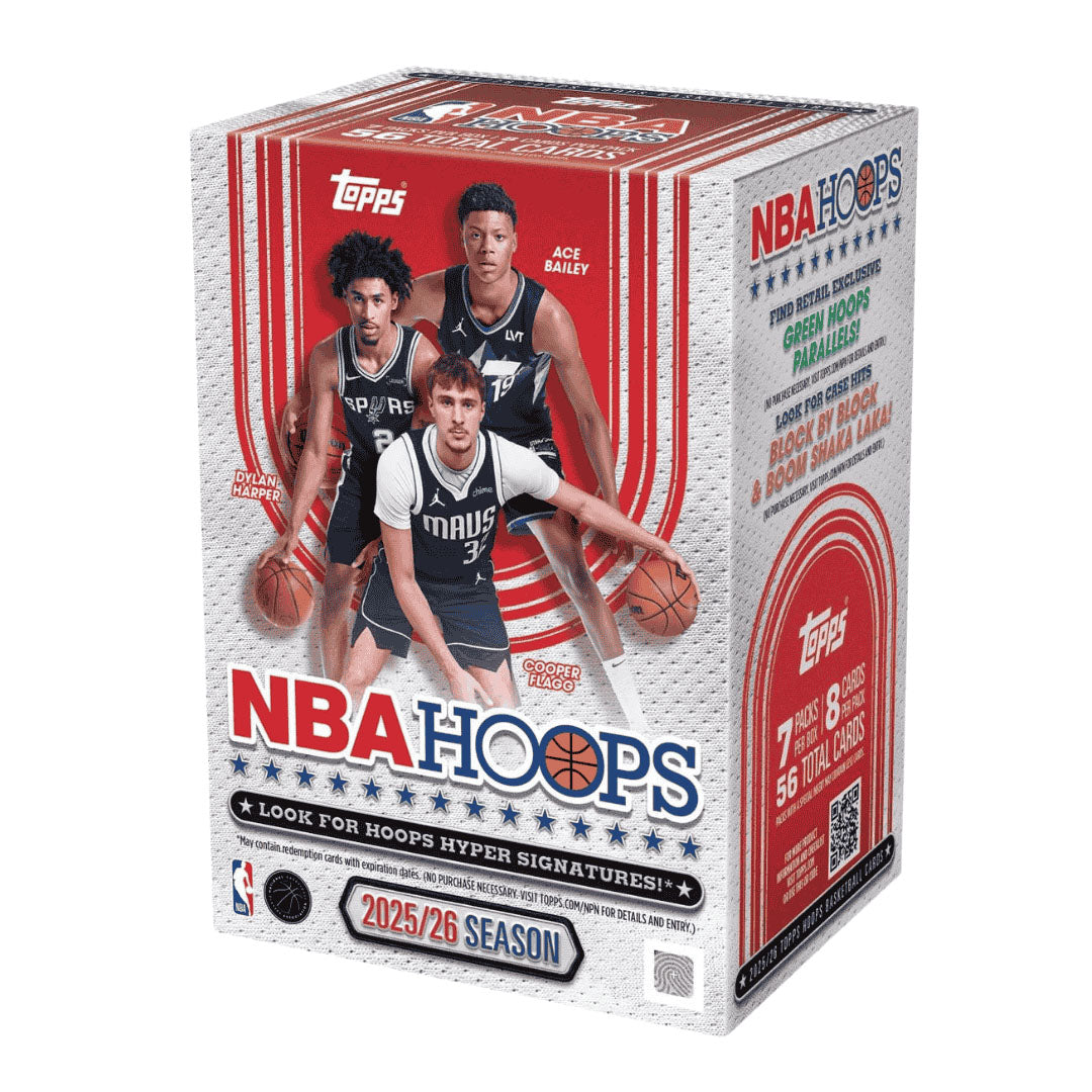 A Topps NBA Hoops 2025/26 Value Box featuring three basketball players, the NBA Hoops logo, and promotional text about signatures and card details. The Topps logo is visible on the box.
