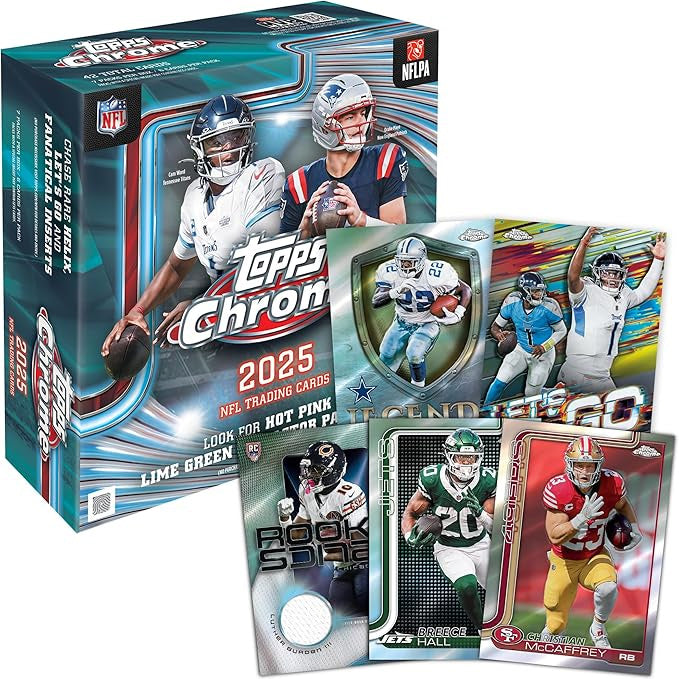 The Topps NFL Chrome 2025 Mega Box by Topps showcases hot pink & lime green X-fractor parallels, rookie cards, and official NFLPA logos, featuring two players in white/teal and blue/red uniforms.
