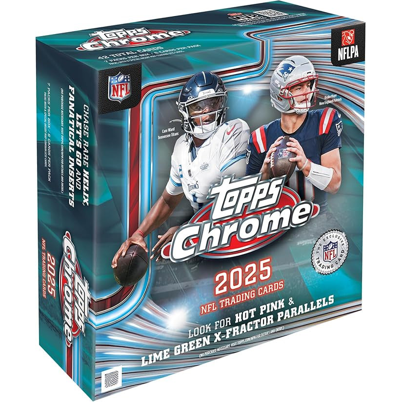 The Topps NFL Chrome 2025 Mega Box by Topps showcases hot pink & lime green X-fractor parallels, rookie cards, and official NFLPA logos, featuring two players in white/teal and blue/red uniforms.