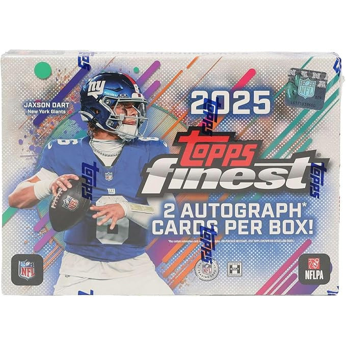 Topps NFL Finest 2025 Hobby Box—features a quarterback in a blue New York Giants uniform. Includes 2 autographs per box, plus official NFL, NFLPA, and Topps logos. Ideal for football card collectors!.