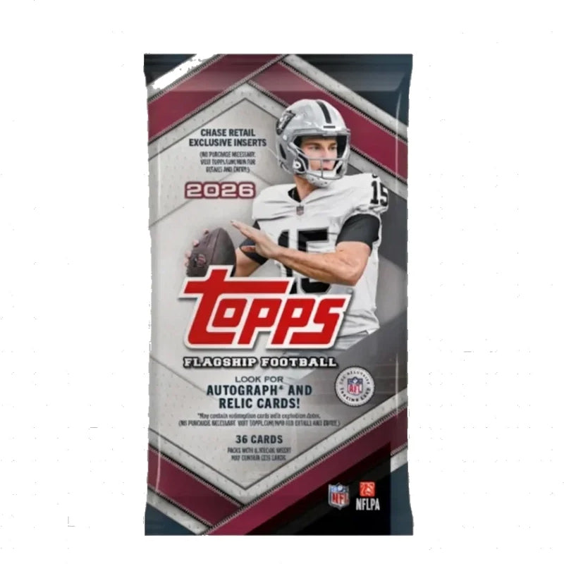 The 2026 Topps NFL Flagship Football Fat Pack by Topps showcases a football player in a white jersey and helmet holding a ball on the packaging. Each pack advertises autographs, relic cards, and contains 36 cards.
