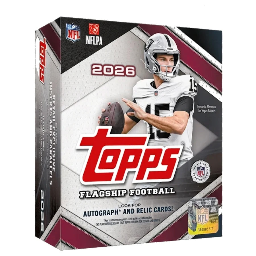 The Topps NFL Flagship Football 2026 Mega Box showcases an NFL quarterback in a white jersey and helmet, holding a football, on packaging with maroon and white design elements featuring NFL and NFLPA logos.