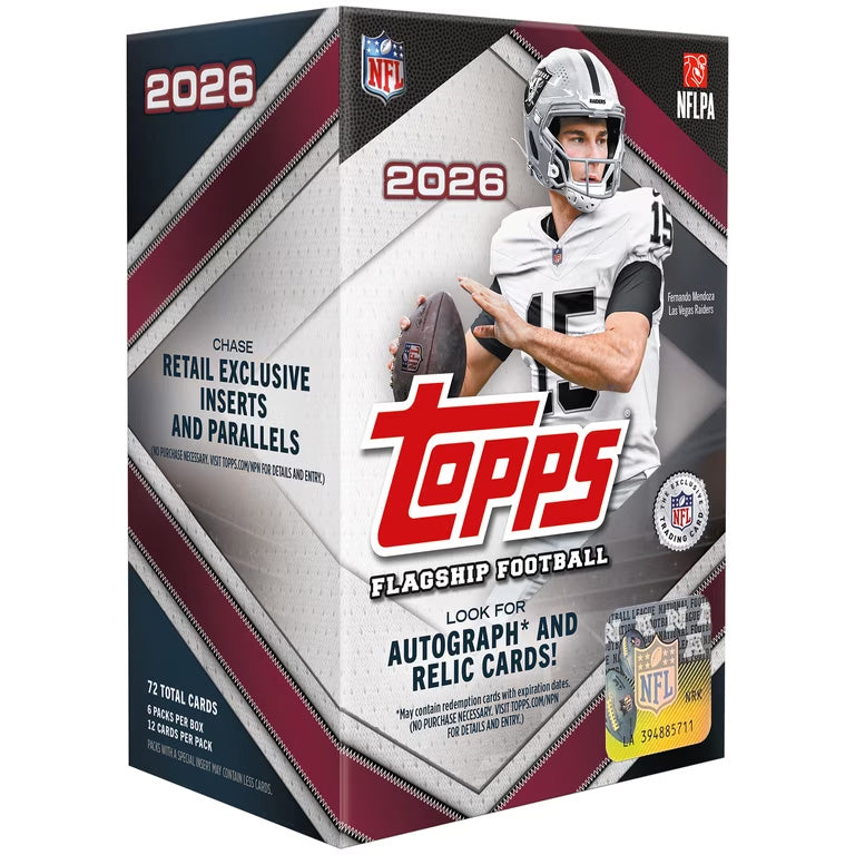 2026 Topps NFL Flagship Football Value Box by Topps, featuring a football player in uniform holding a ball. The box showcases autographs, relic cards, and exclusive inserts, and includes official NFL and NFLPA logos.