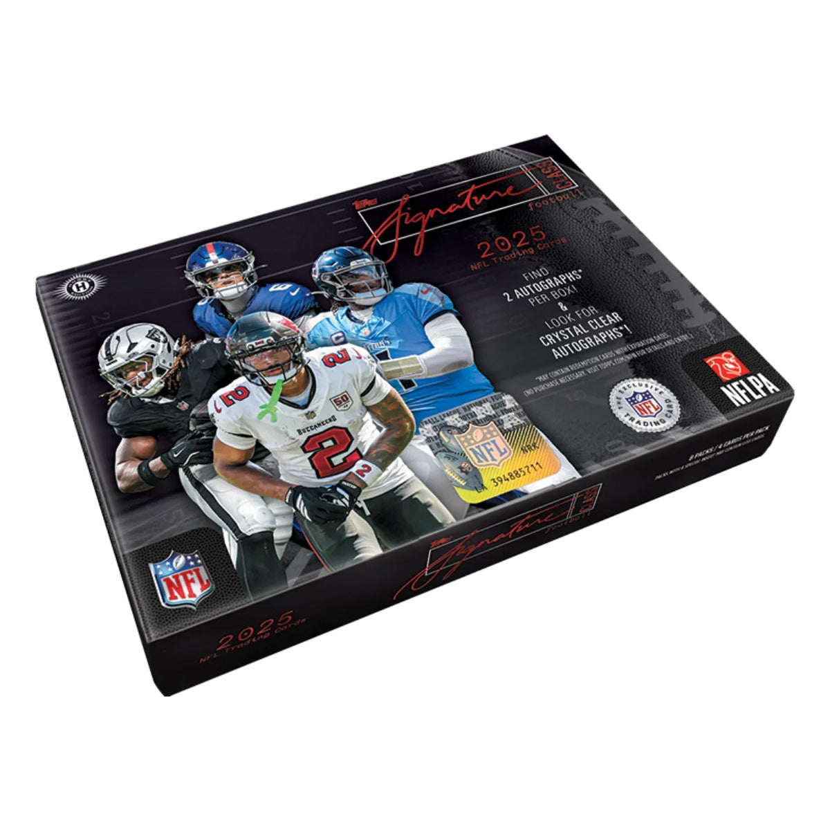 The Topps NFL Signature Class 2025 Hobby Box showcases five NFL players on the cover with NFL and NFLPA logos, featuring autographs and exclusive trading cards inside.