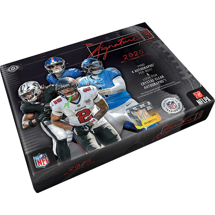 The Topps NFL Signature Class 2025 Jumbo Box showcases four football players in full gear, bold red and white text, and official NFL/NFLPA logos on a black background—a must-have for collectors.