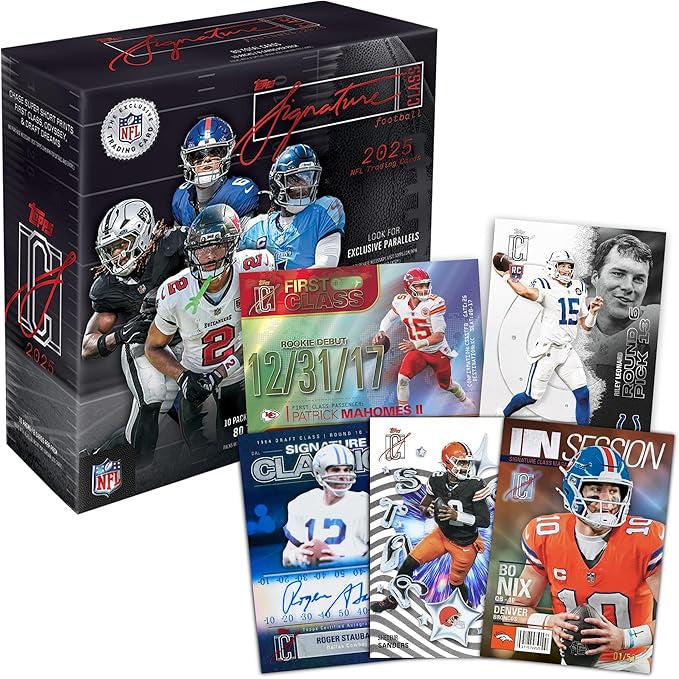The Topps NFL Signature Class 2025 Mega Box showcases four football players in uniform, official NFL and NFLPA logos, and text featuring exclusive card highlights and product details.