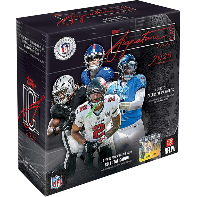 The Topps NFL Signature Class 2025 Mega Box showcases four football players in uniform, official NFL and NFLPA logos, and text featuring exclusive card highlights and product details.