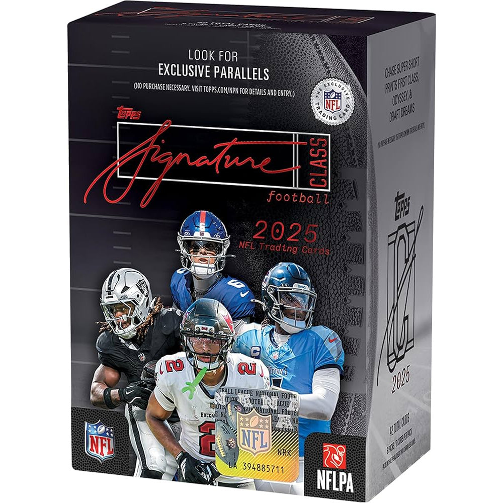 The Topps NFL Signature Class 2025 Value Box features images of four uniformed players, exclusive parallels, and displays official NFL and NFLPA logos.