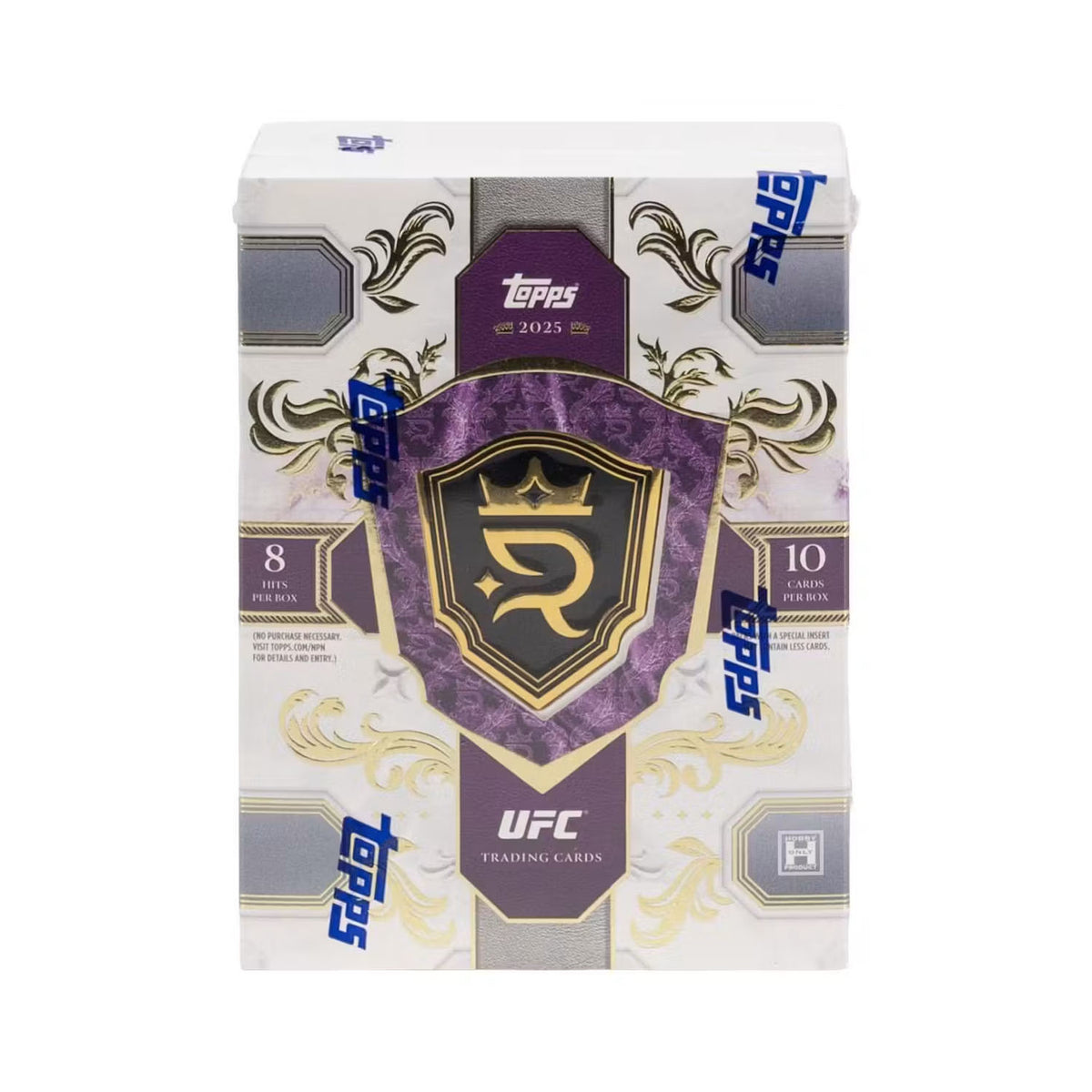 A sealed Topps UFC Royalty 2025 Hobby Box, adorned in purple, gold, and white with the Topps logo and a crown emblem, contains 8 packs per box and 10 cards per pack.