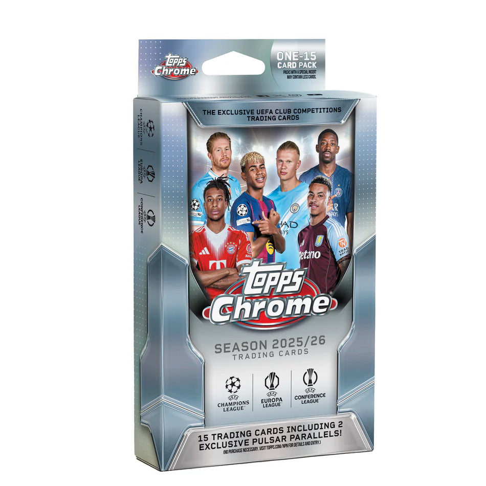 The Topps Chrome UEFA Club Competitions 2025/26 Hanger Box by Topps showcases six soccer players and features the Champions League, Europa League, and Conference League logos. Each box contains 15 cards per pack, including 2 exclusive Pulsar Parallels.