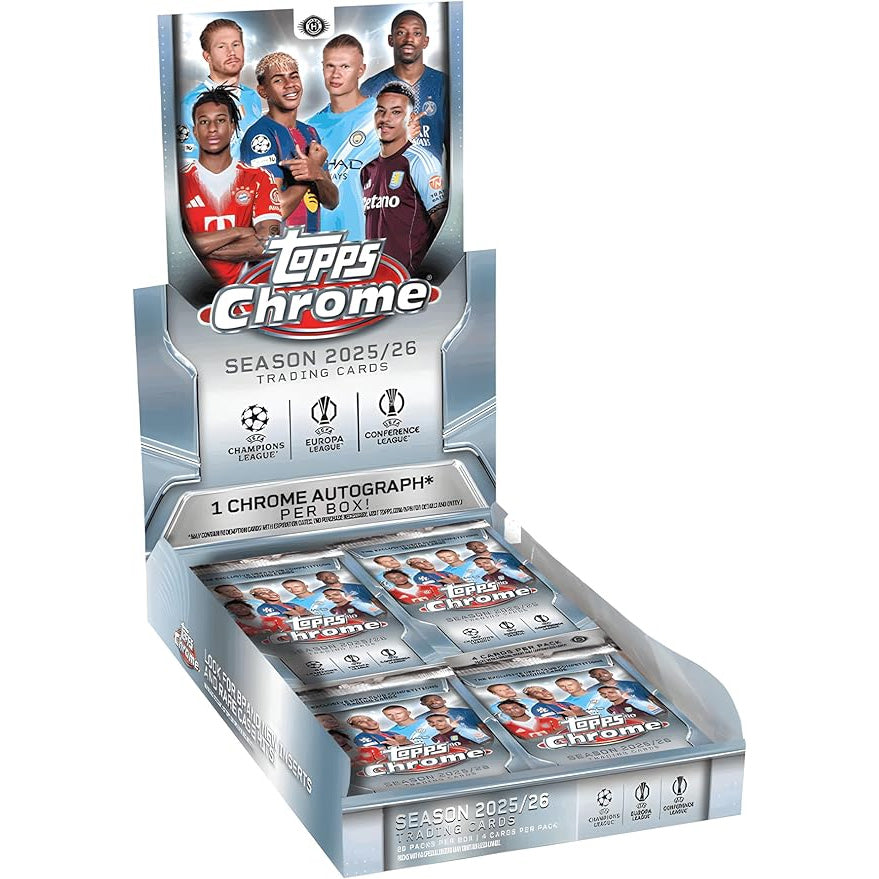 Open a Topps Chrome UEFA Competitions 2025/26 Hobby Box, featuring soccer players and UEFA logos on the packaging. Each box includes multiple packs and advertises one chrome autograph card per box.