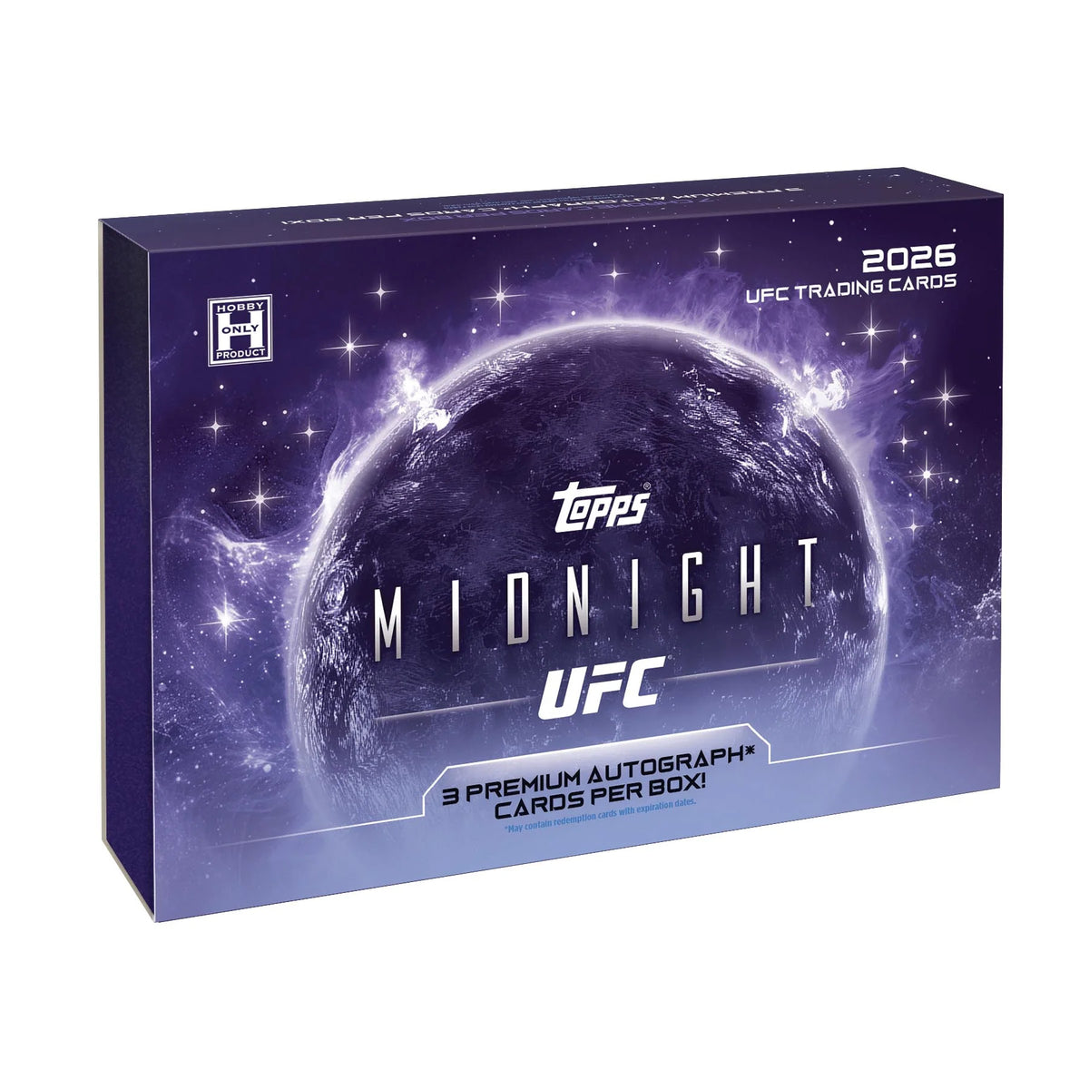 The Topps Midnight UFC 2026 Hobby Box showcases a striking purple cosmic background, with text emphasizing “3 premium autograph+ cards per box!” and “Hobby only.”.