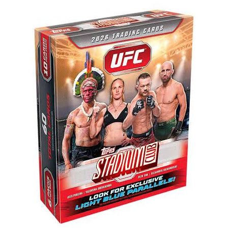 Box of Topps UFC Stadium Club 2026 Mega Box trading cards features four fighters posing in fighting stances, with the Octagon in the background and red highlight graphics on the box.