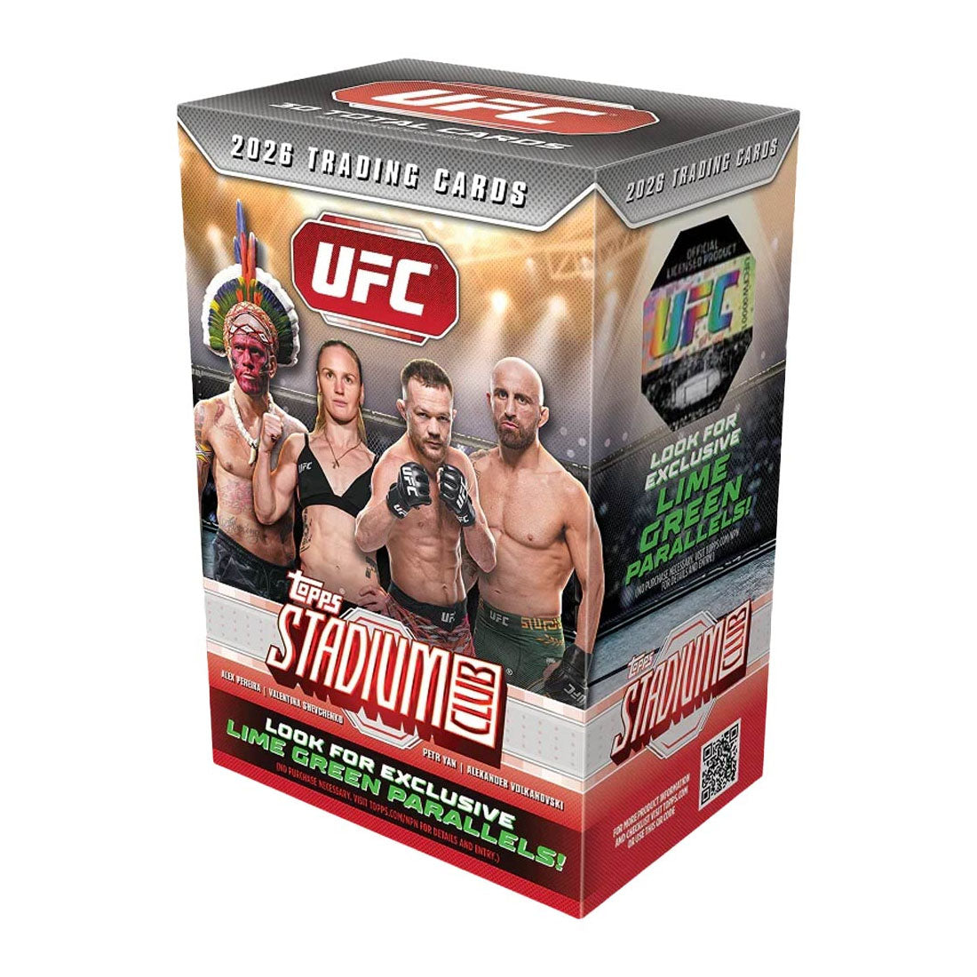 Box of Topps UFC Stadium Club 2026 Value trading cards featuring four fighters and text highlighting exclusive lime green parallels. The mostly white and red box showcases UFC branding and a QR code.
