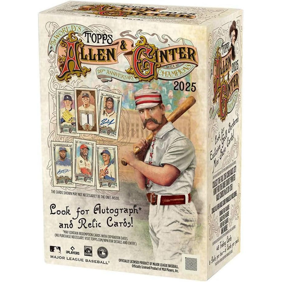 The Topps Allen & Ginter Baseball 2025 Value Box features vintage-style art of a mustachioed player with a bat and collectible card images. Look for autographs and relic cards inside this sealed Topps value box.