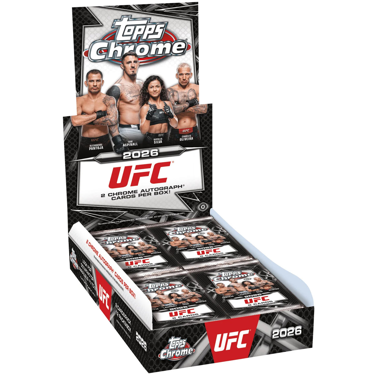 Topps Chrome 2026 UFC Hobby Box from Topps, featuring UFC fighters on the packaging. The box advertises 2 chrome autograph cards per box and includes multiple card packs inside.