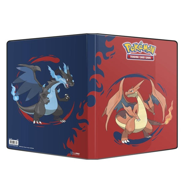 The Ultra Pro: Mega Charizard X/Y 9-Pocket Pro-Binder features Mega Charizard X on blue and Mega Charizard Y on red backgrounds with flame designs and the Pokémon Trading Card Game logo.