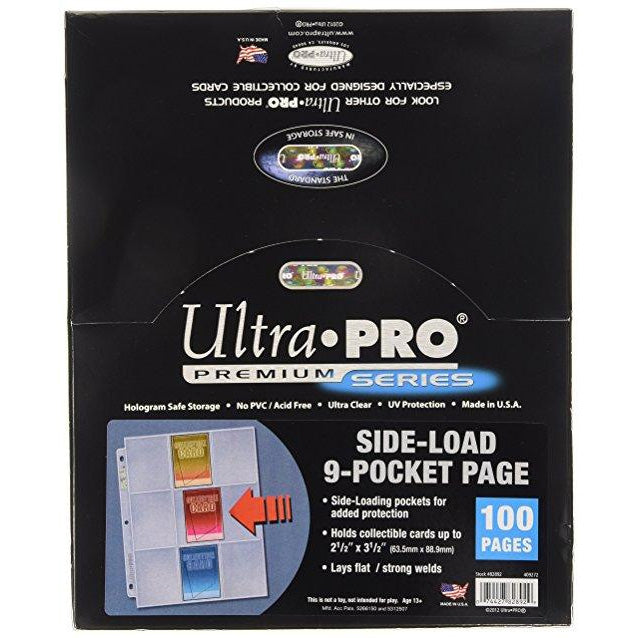 A pack of Ultra Pro Mappelommer til Ringbind/3 Huller - Sideloading card pages (100 count) from Ultra Pro. The mostly black packaging displays a small image of trading cards in clear sleeves.