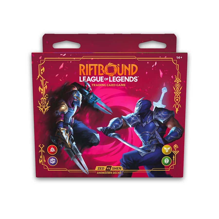 Riftbound: League of Legends TCG - Zed VS Shen - Showdown Decks box set featuring illustrations of characters Zed and Shen facing off in battle.