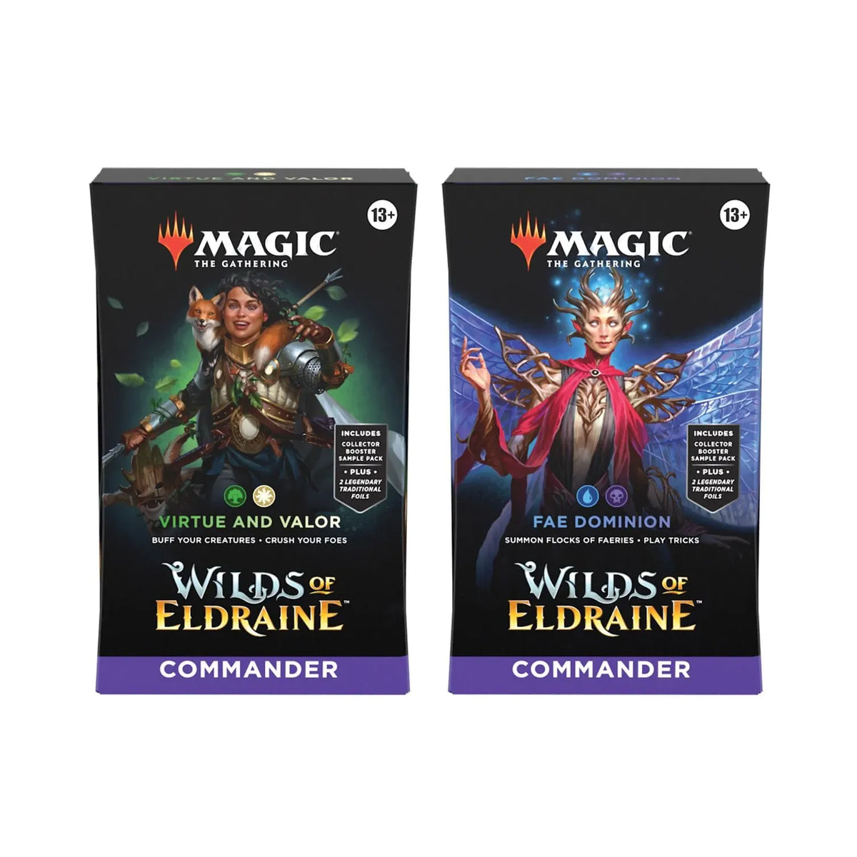 Two Magic: The Gathering - Wilds of Eldraine Commander Deck boxes: Virtue and Valor featuring a female knight with a fox, and Fae Dominion featuring a faerie queen.