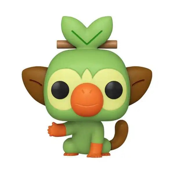 Funko POP! Pokemon: Grookey (#957) by Funko is a vinyl toy figure featuring the green, monkey-like Pokémon Grookey with big round eyes, an orange nose and mouth, brown ears and tail, and a green leaf with a stick on its head, displayed against a white background.