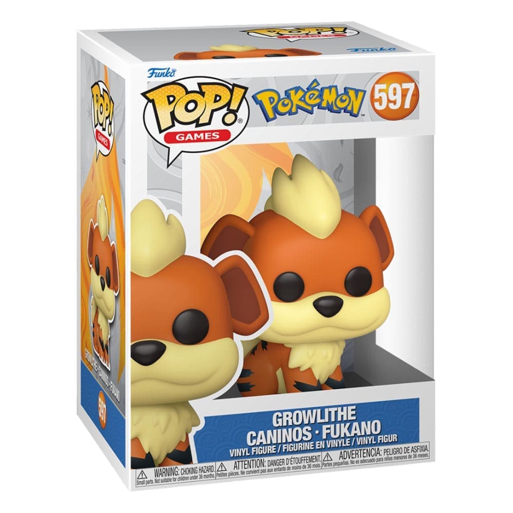 A Funko POP! Pokemon: Growlithe - #597 vinyl figure by Funko, featuring the orange and cream, dog-like Pokémon with black stripes, large ears, and a fluffy tail, sitting and facing forward on a white background.