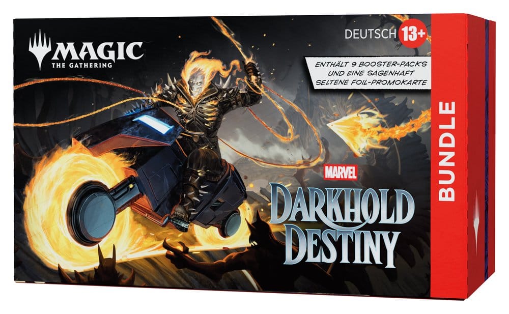 Rectangular Magic: The Gathering - Marvel Darkhold Destiny Bundle box featuring an illustration of Ghost Rider on a flaming motorcycle, with the text Darkhold Destiny and German product information.
