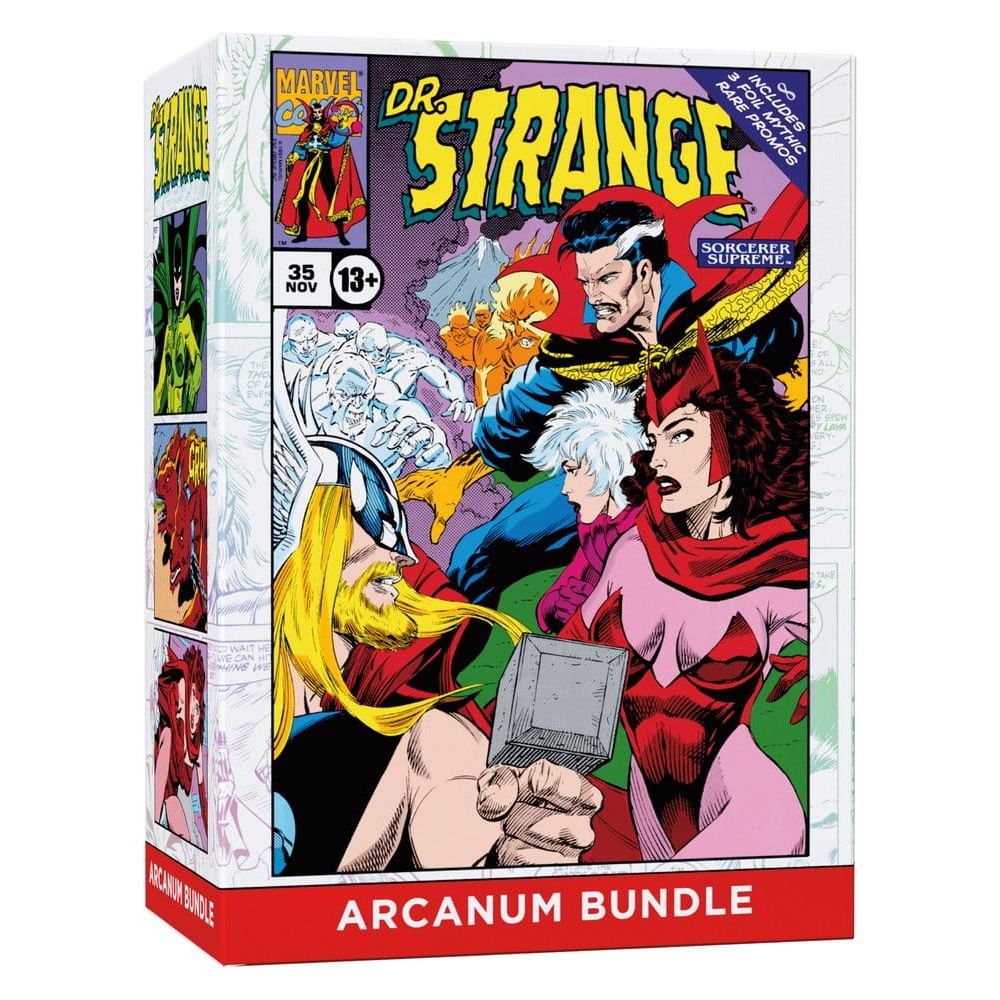 Rectangular Magic: The Gathering - Marvel Darkhold Destiny Collector Arcanum Bundle box featuring Marvel comic art of Dr. Strange, Thor, and Scarlet Witch.
