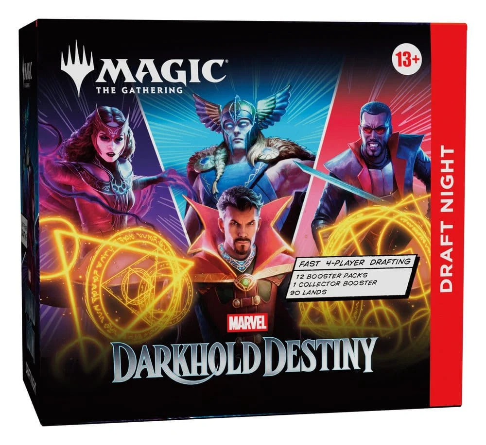 Magic: The Gathering - Marvel Darkhold Destiny Draft Night card game box featuring Scarlet Witch, Thor, Blade, and Doctor Strange, with text indicating it includes 12 booster packs, 1 collector booster, and 90 lands for a 4-player draft.