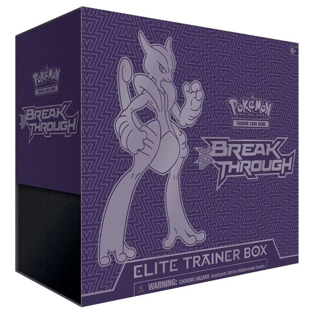 The Pokémon TCG: XY BreakThrough Elite Trainer Box by The Pokémon Company has a purple design with an outline of Mewtwo, logos, text, and a small parts warning on the packaging.