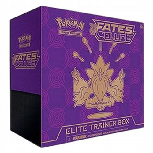 The Pokémon TCG: XY Fates Collide Elite Trainer Box by The Pokémon Company features a purple and gold design with Alakazam art, bold Pokémon branding, and the Fates Collide set logo.