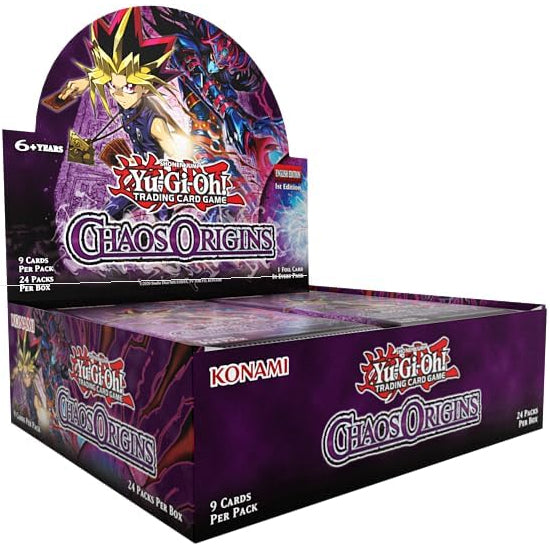 The Yu-Gi-Oh!: Chaos Origins Booster Display by Konami features vibrant character art and branding. The display box includes 24 packs, each containing 9 cards.