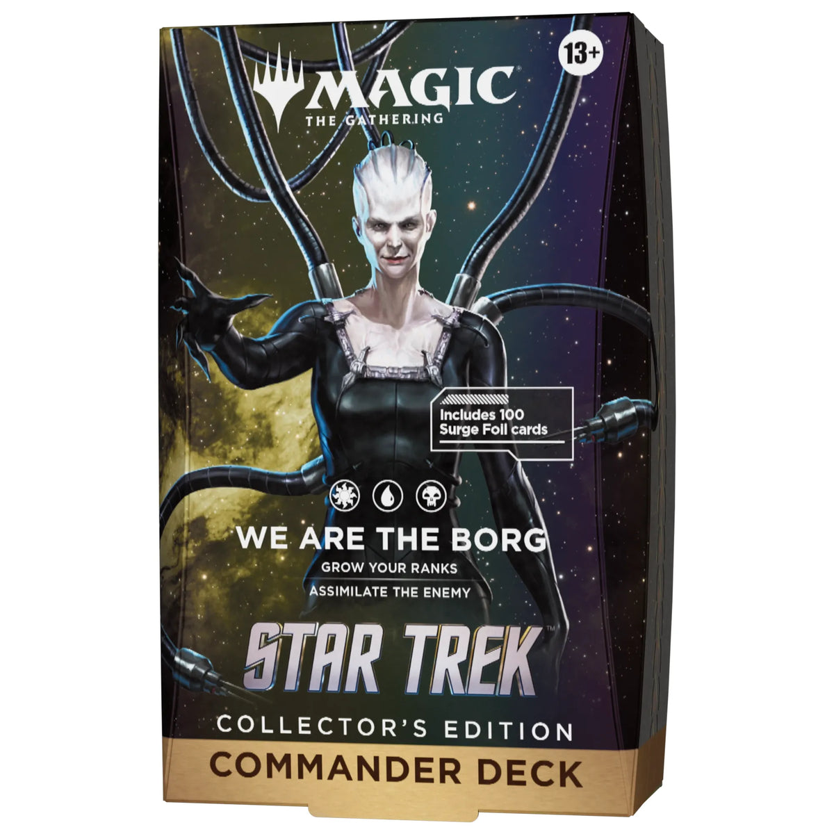 Wizards of the Coast presents the Magic: The Gathering – Star Trek Collector’s Edition Commander Decks, featuring a striking box design with the Borg Queen surrounded by cables and stars, emblazoned with “We Are The Borg.” Each deck contains 100 Surge Foil cards—ideal for both fans and collectors.