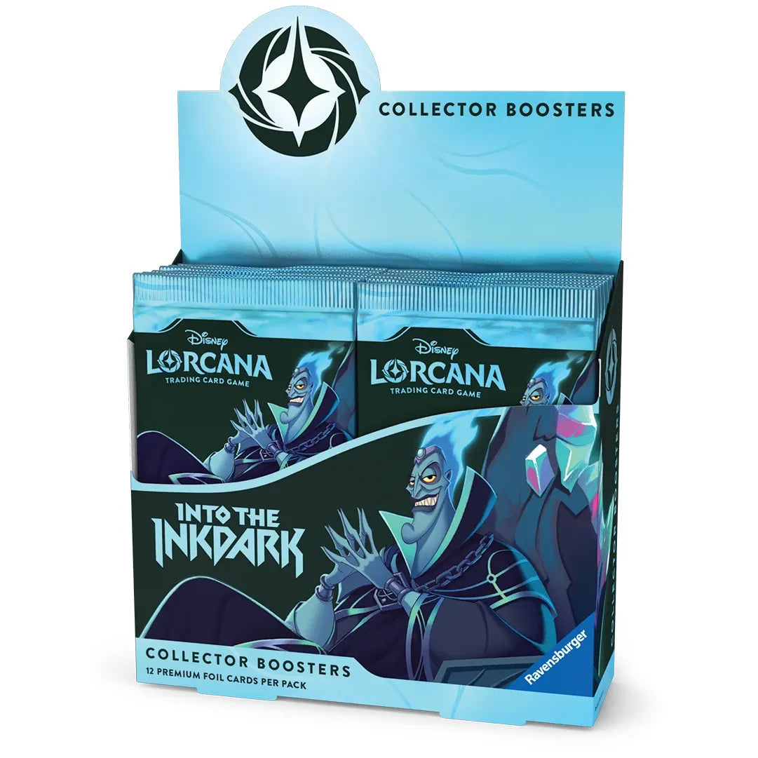 Disney Lorcana: Into the Inkdark Collector Booster Display box containing multiple collector packs, featuring an illustration of the character Hades on the front.
